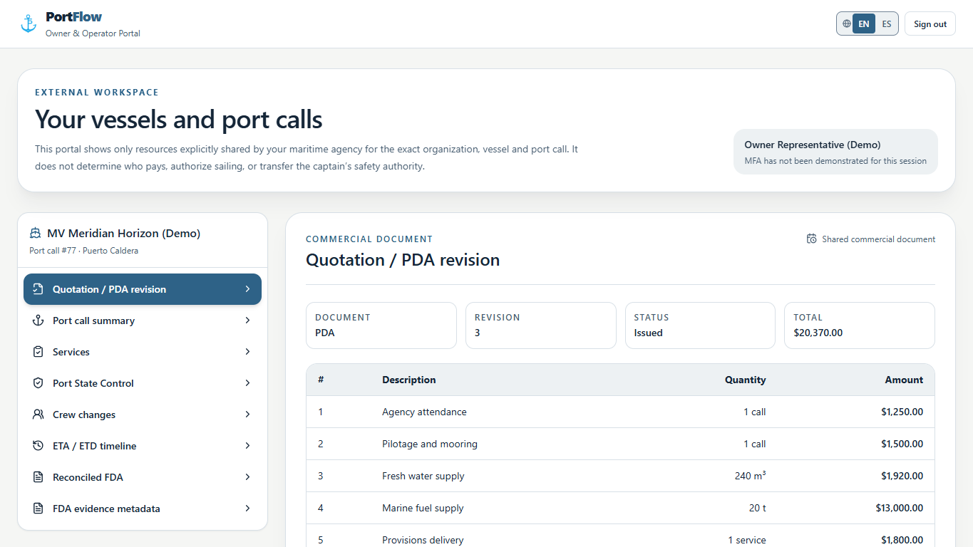 PortFlow owner portal showing a PDA revision with itemized costs