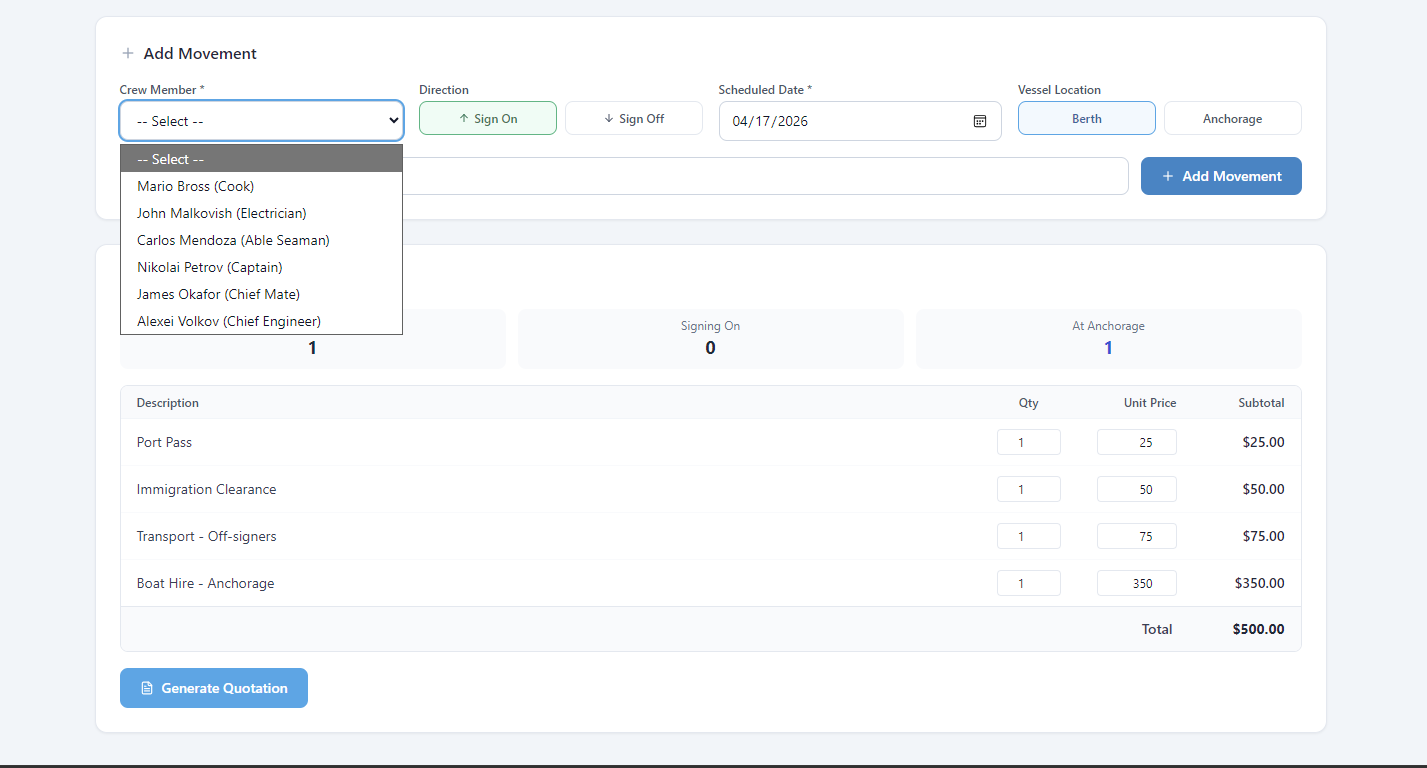 PortFlow crew change request management with full audit trail and quotation generation